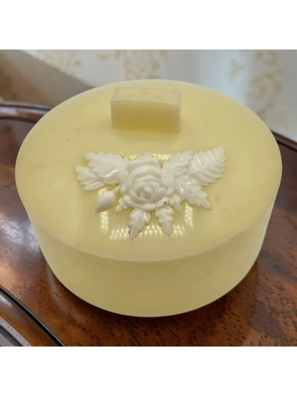 Vintage Yellow Celluloid Trinket Box Floral Lid Accent Round Jewelry Organizer